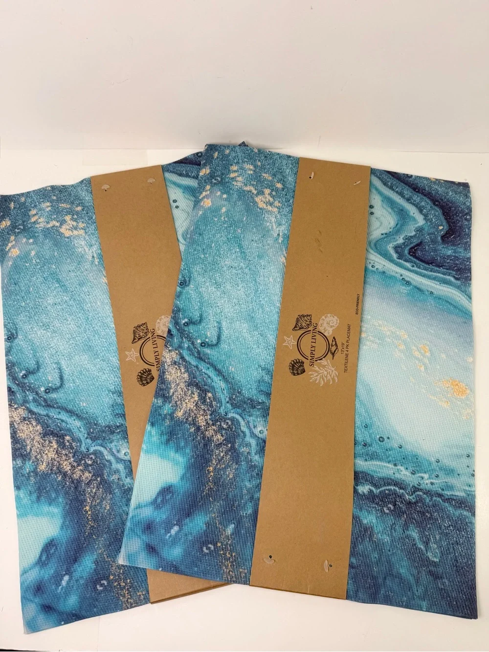 Simply Living Set of 8 Placemats Blue Teal Marble Gold Coastal 13x19 NEW